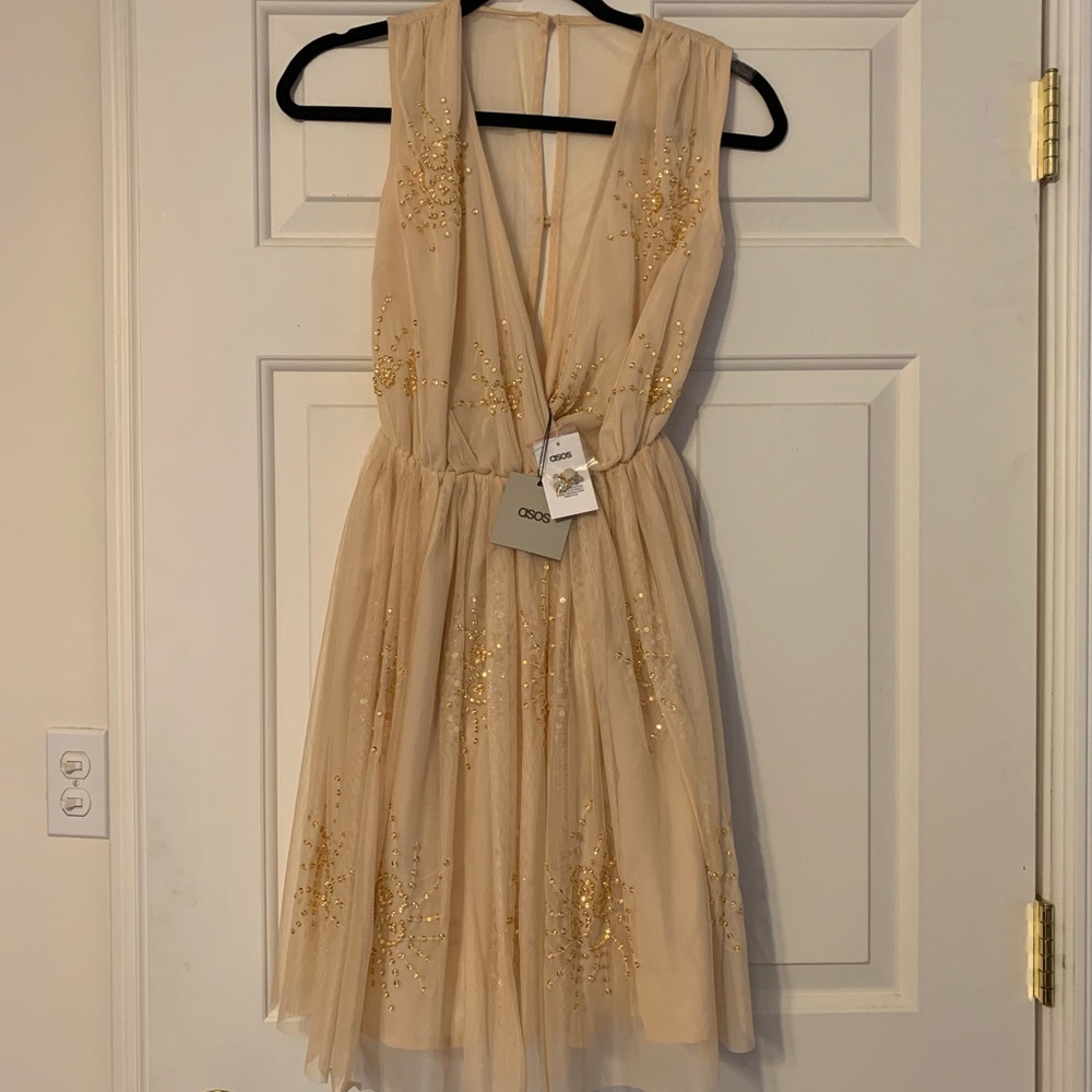 ASOS Deep-V peach embellished mesh mini dress